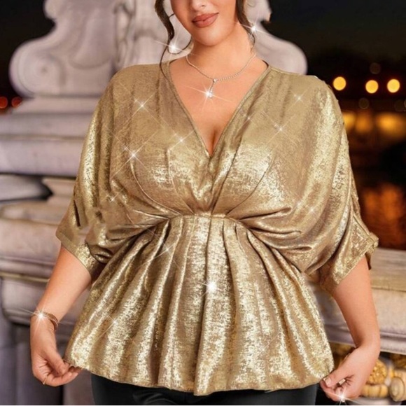 Luxe gold metallic shiny batwing sleeve party blouse - Picture 4 of 6